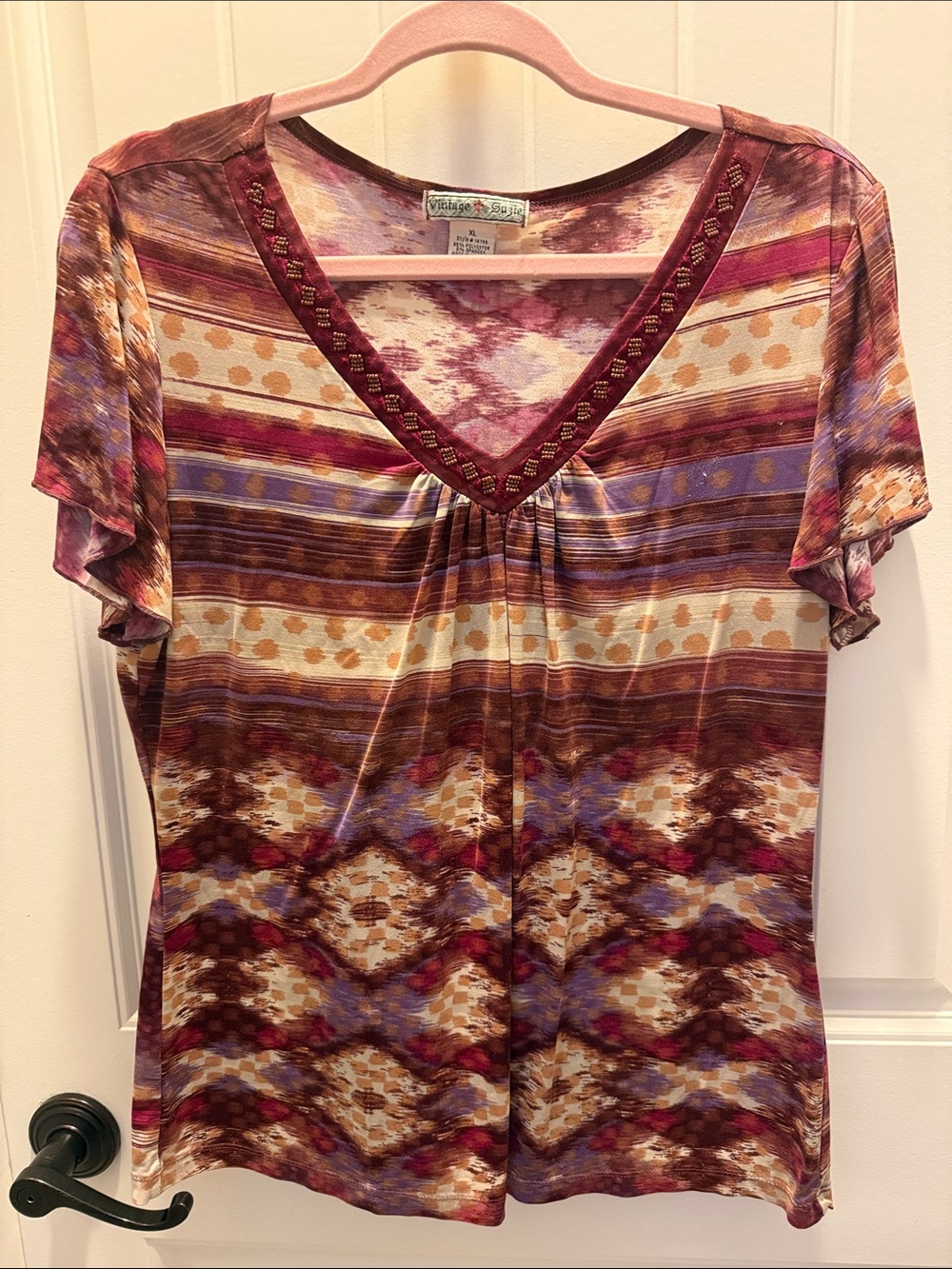 Vintage Suzie Striped V-Neck Short Sleeve Tunic in Burgundy, Brown & Cream (XL)